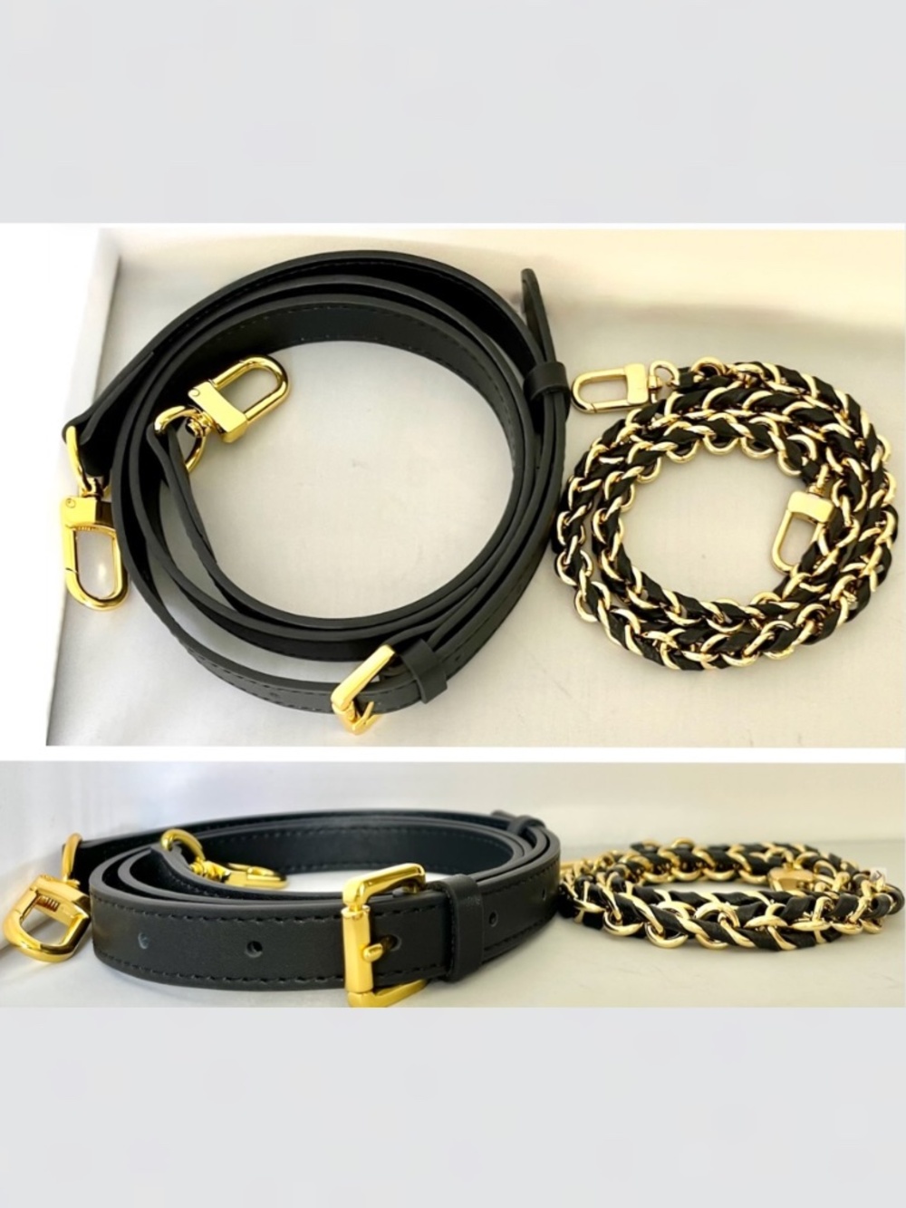 Bag Designer Style Replacement Black Leather Strap & Black Gold Chain Strap Set